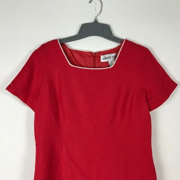 Vintage 1990s Adolfo Studio Dress Size 10P Red Short Sleeve Sheath Linen Blend - Picture 3 of 7